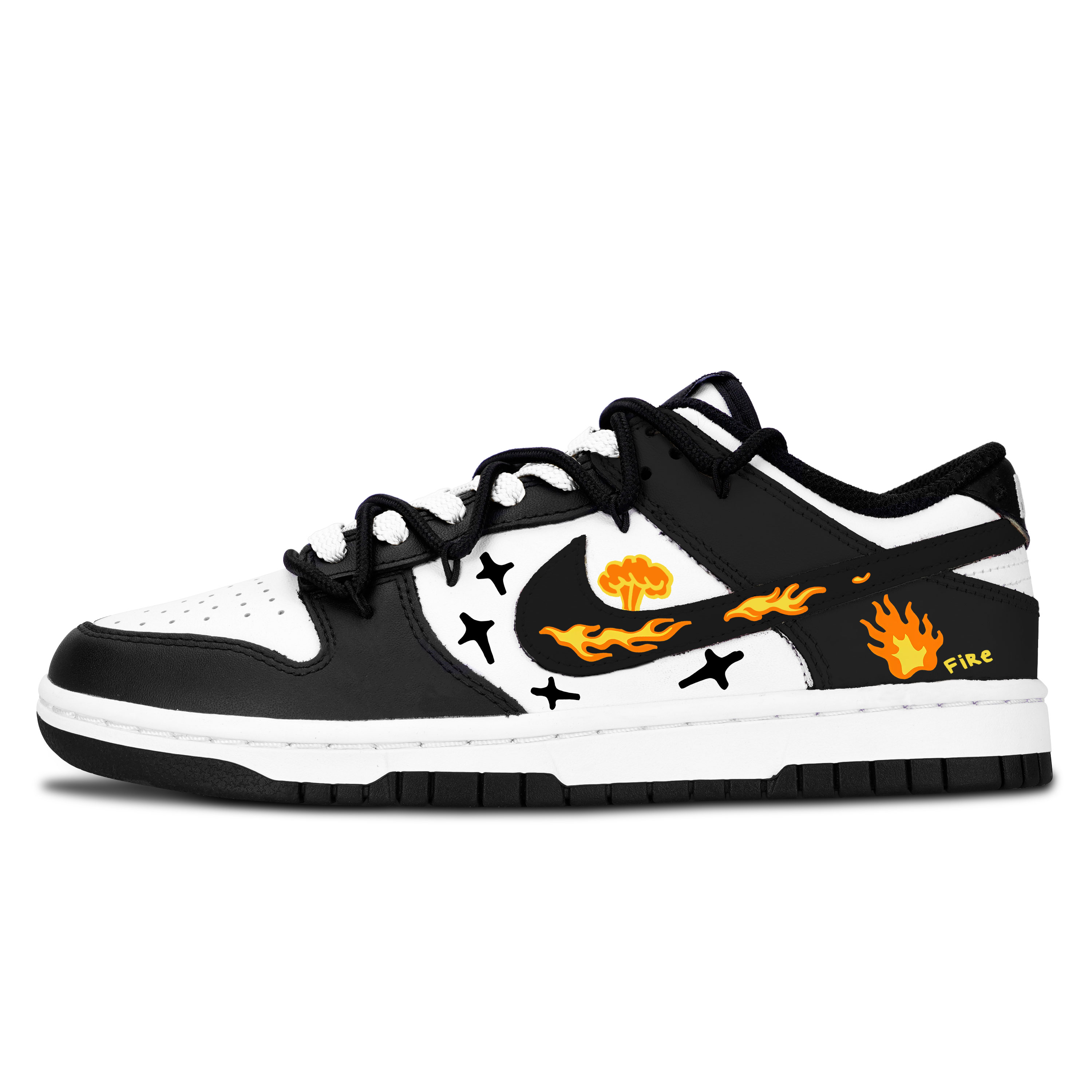 

Nike Dunk Black White, Flame Star Passion - износостойкие низкие скейтбордистские кроссовки унисекс, черный