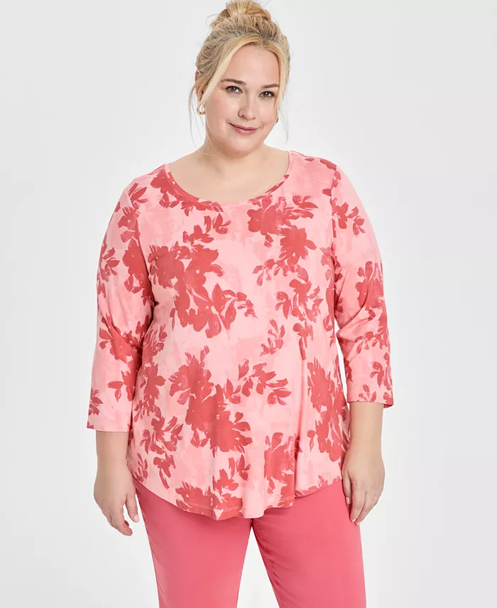 

Топ с круглым вырезом и рукавом 3/4, Plus Size JM Collection, розовый
