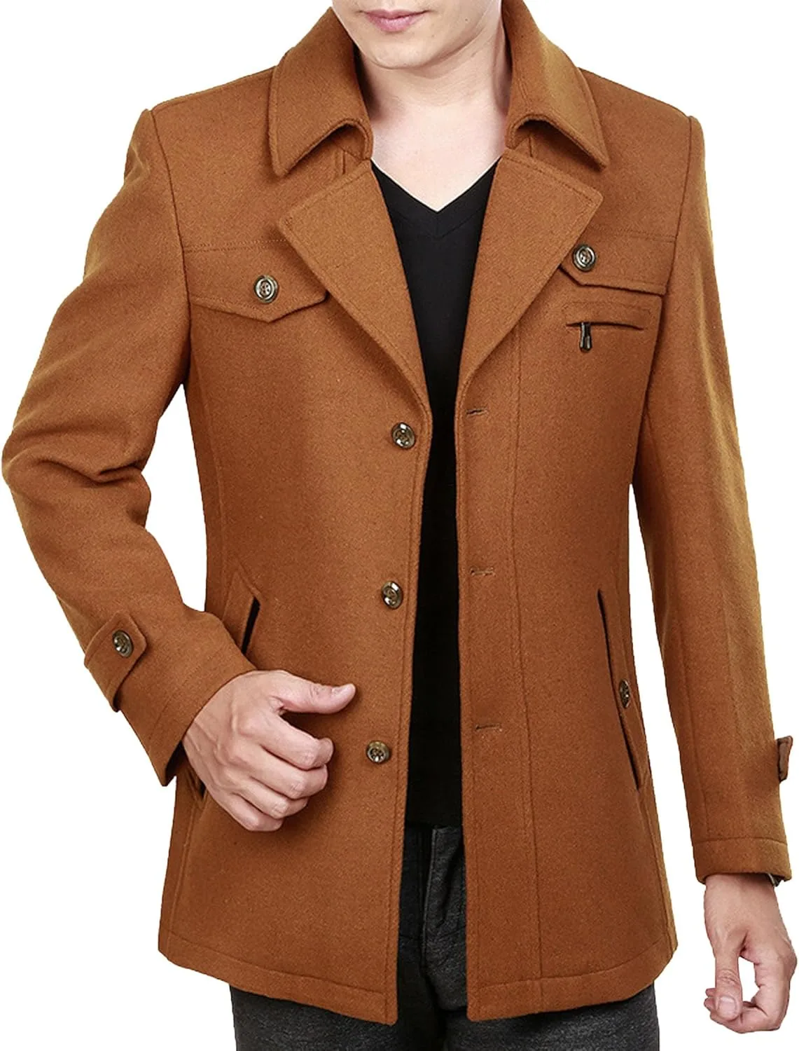 Мужское пальто в стиле pea coat с двубортной застежкой и классическим отложным воротником из шерстяной смеси, зимняя верхняя одежда, длинное пальто Generic, коричневый