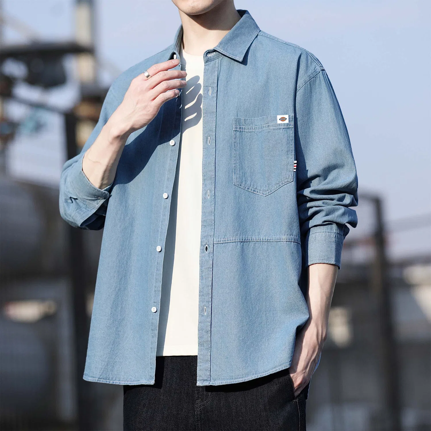 Детская джинсовая рубашка с воротником Dickies, Light Blue — фото 4