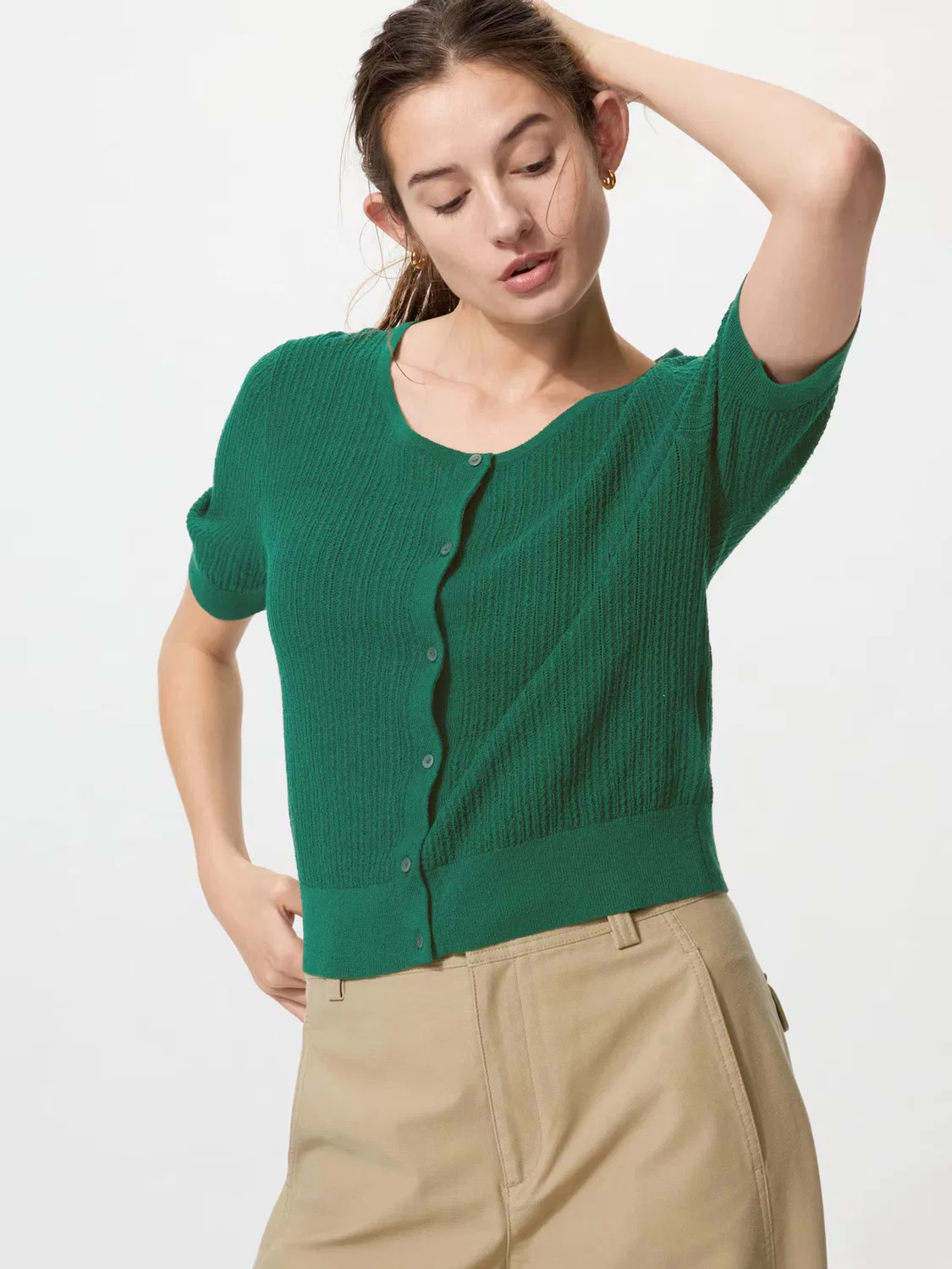 Кардиган Uniqlo, кружевной, прозрачный, с круглым вырезом, зеленый