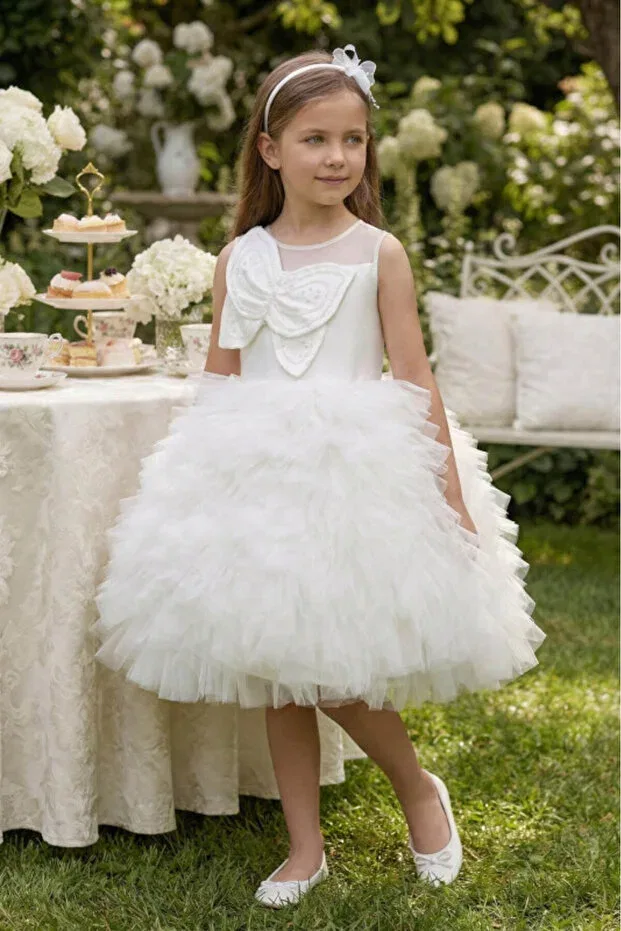 Детское платье для девочек с коротким рукавом Evening dress girls special occasion dress - layered tulle skirt & beaded bow 3-4-5-6-7 years 36016pr Pamina, Ecru
