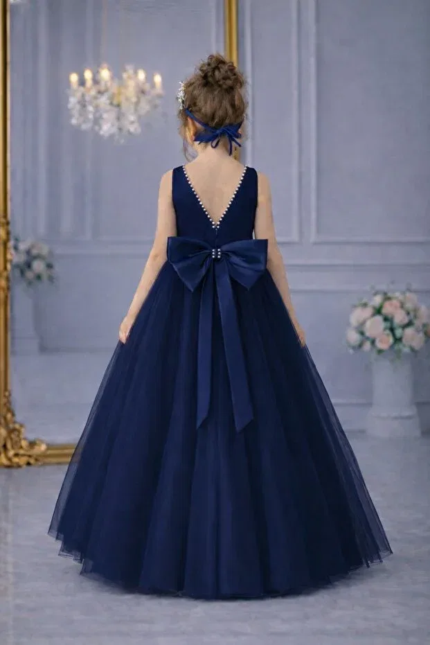 Детское платье для девочек с принтом Girl'S Collar Pearl Detailed Navy Blue Ball Gown Suneh, Navy Blue — фото 2