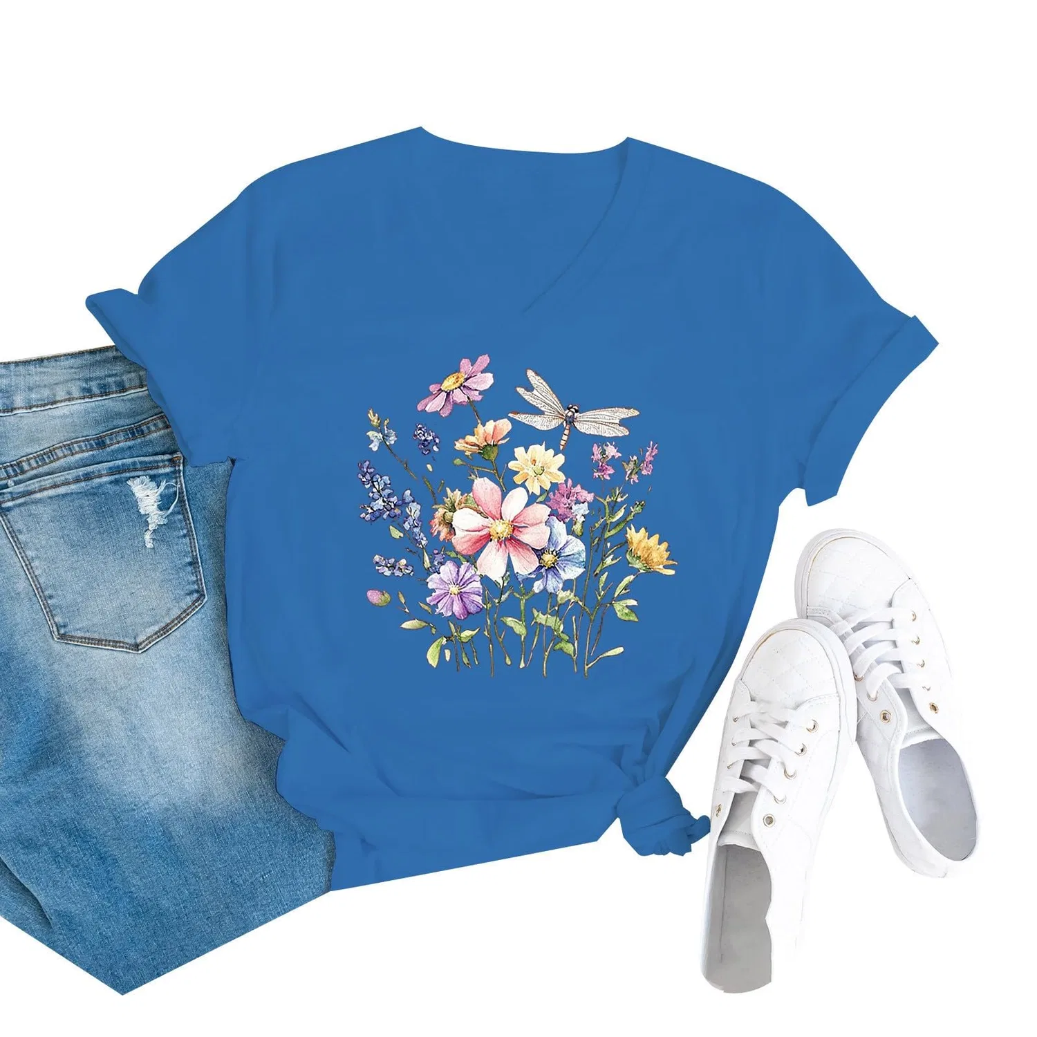 Женская футболка с v-образным вырезом и принтом Vintage Boho Wild Flower, Z05-blue — фото 2