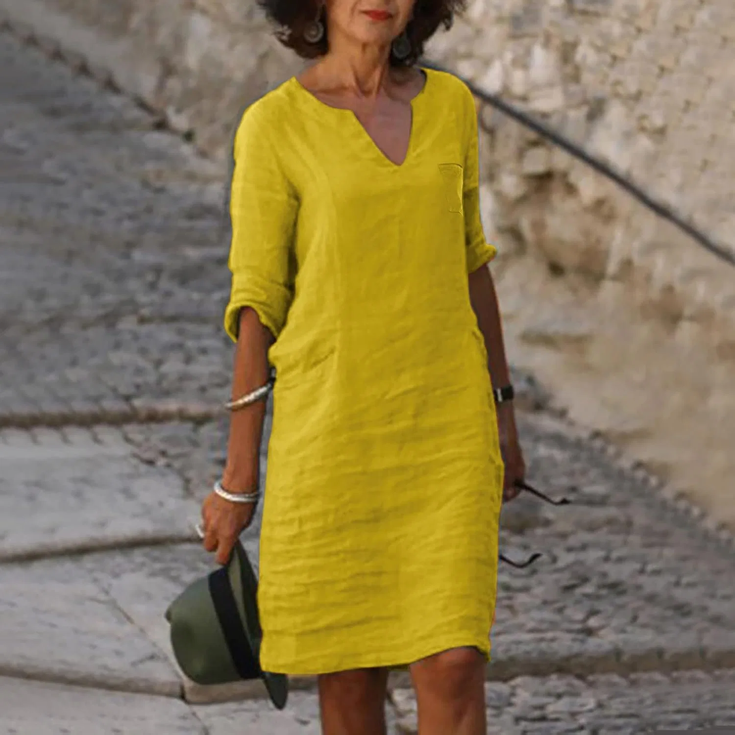 Женское мини-платье с V-образным вырезом и коротким рукавом из льна, Yellow — фото 2