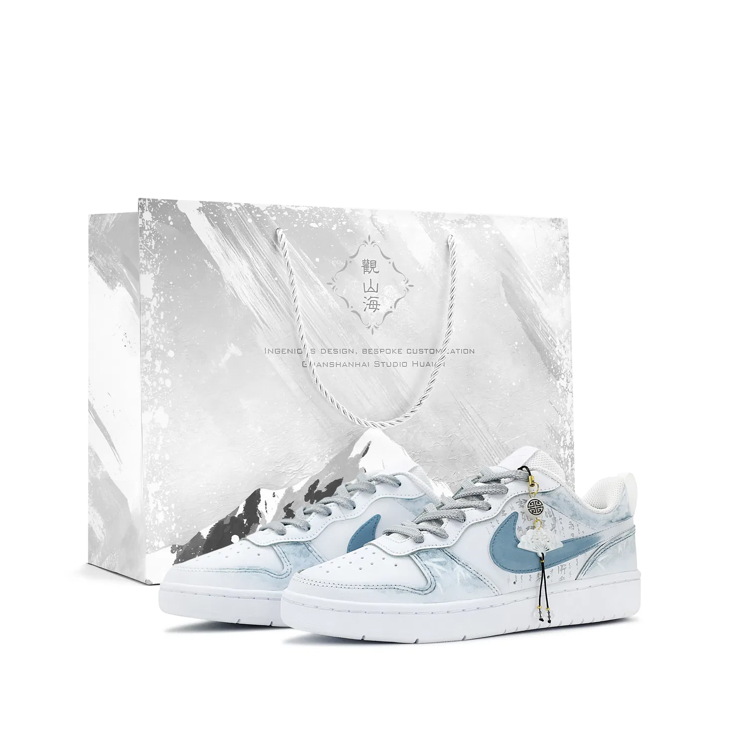 Детские скейтборд-кроссовки с китайским принтом Nike Court Borough, Blue White Ink Wash Chinese Style