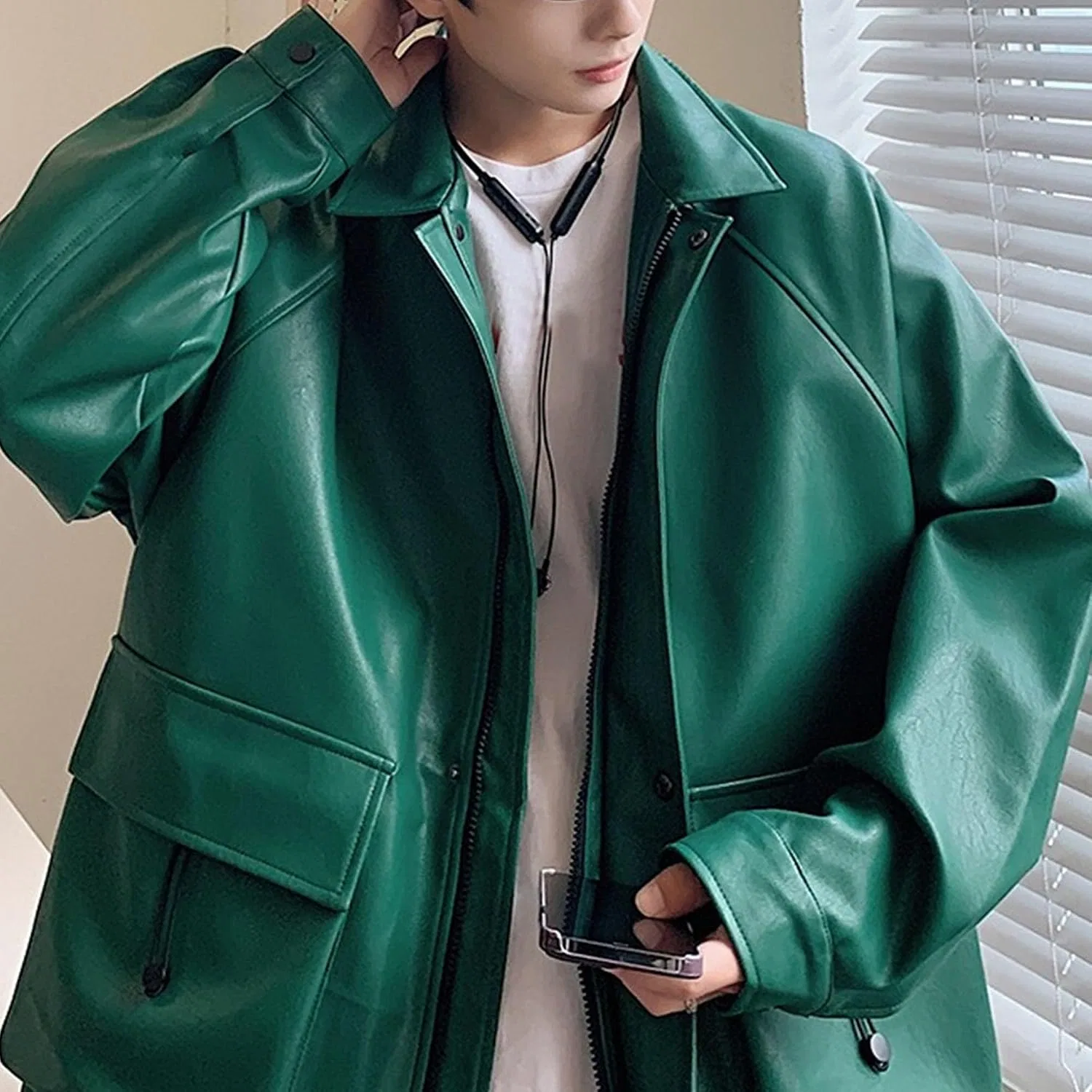 Мужское кожаное пальто оверсайз Vintage Baggy Bomber, зелёный — фото 3