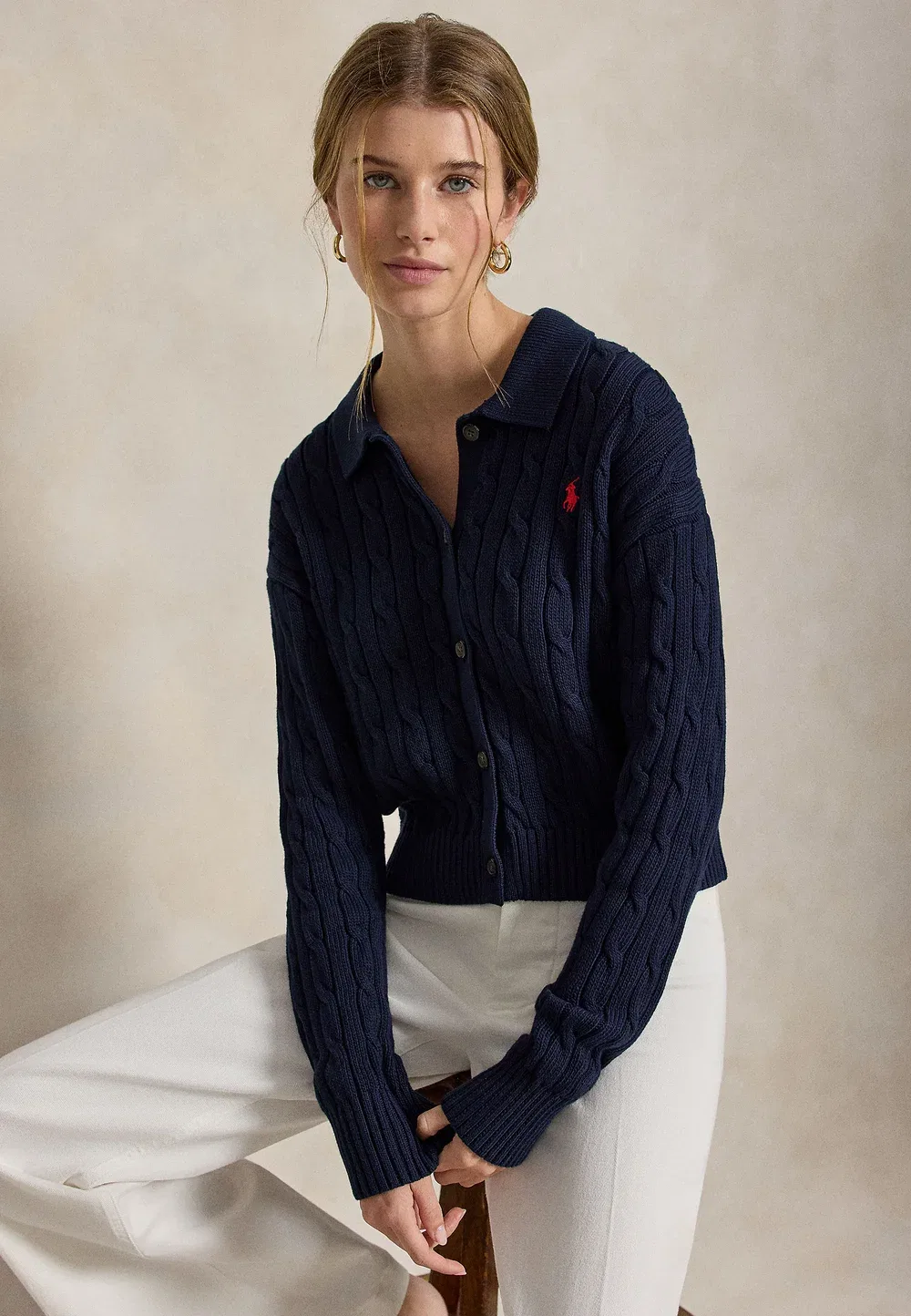 Хлопковый кардиган с воротником-поло и косами - кардиган Polo Ralph Lauren, Hunter Navy — фото 4