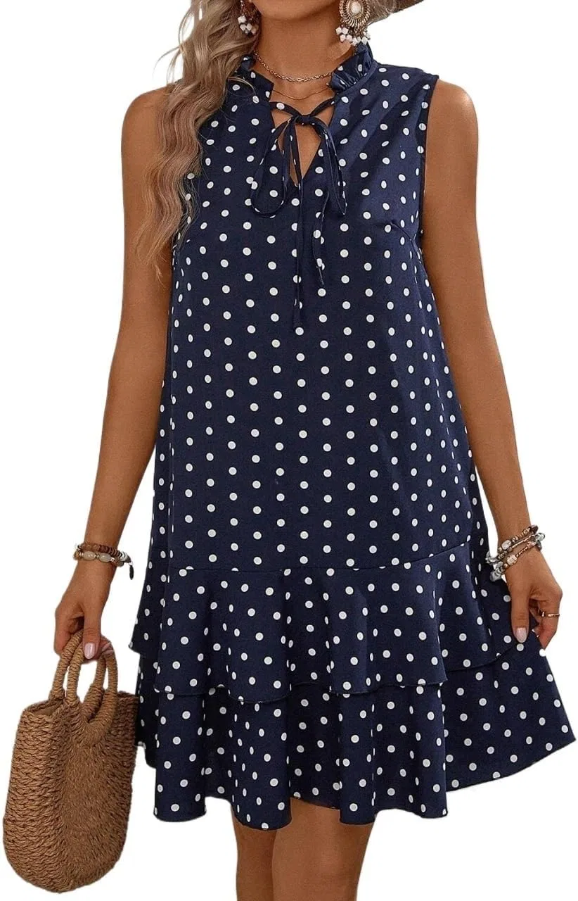Женское повседневное платье с воланами и галстуком Polka Dot, Blue and White