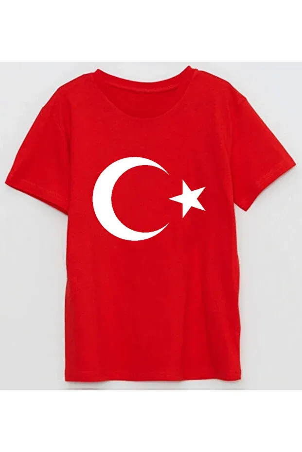 Детская футболка для девочек хлопковая Moon Star Flag Printed April 23 National Sovereignty and Children's Day Efendioğlu Design, Red
