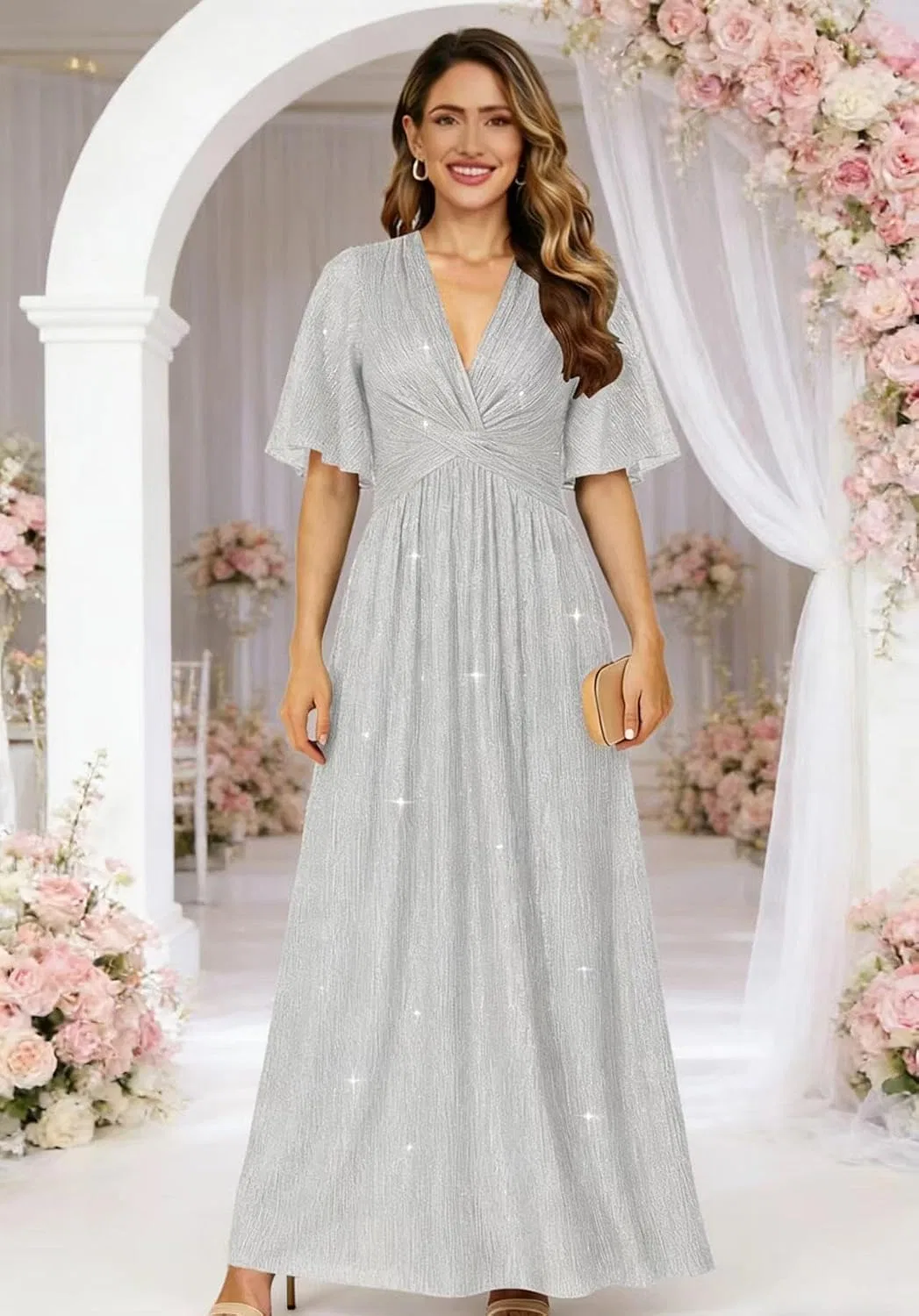 Женское длинное платье с блестками A-line V-образным вырезом, Navy Blue — фото 4