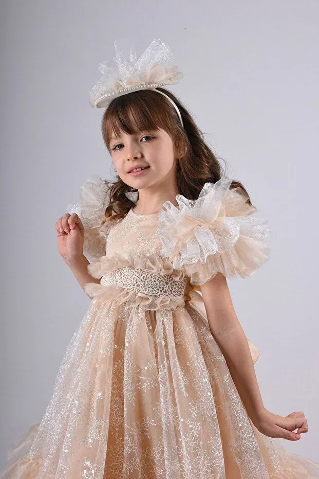 Детское вечернее платье для девочек без рукавов Special Design Girl's Evening Dress With Crown Accessories Mialora Exclusive By Emel Ebru Özdemir, Orange — фото 4