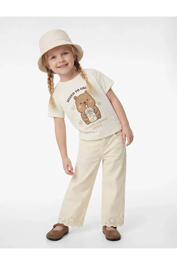 Детская хлопковое футболка с принтом Teddy Bear Printed Crew Neck Short Sleeve T-Shirt Koton, Ecru — фото 2