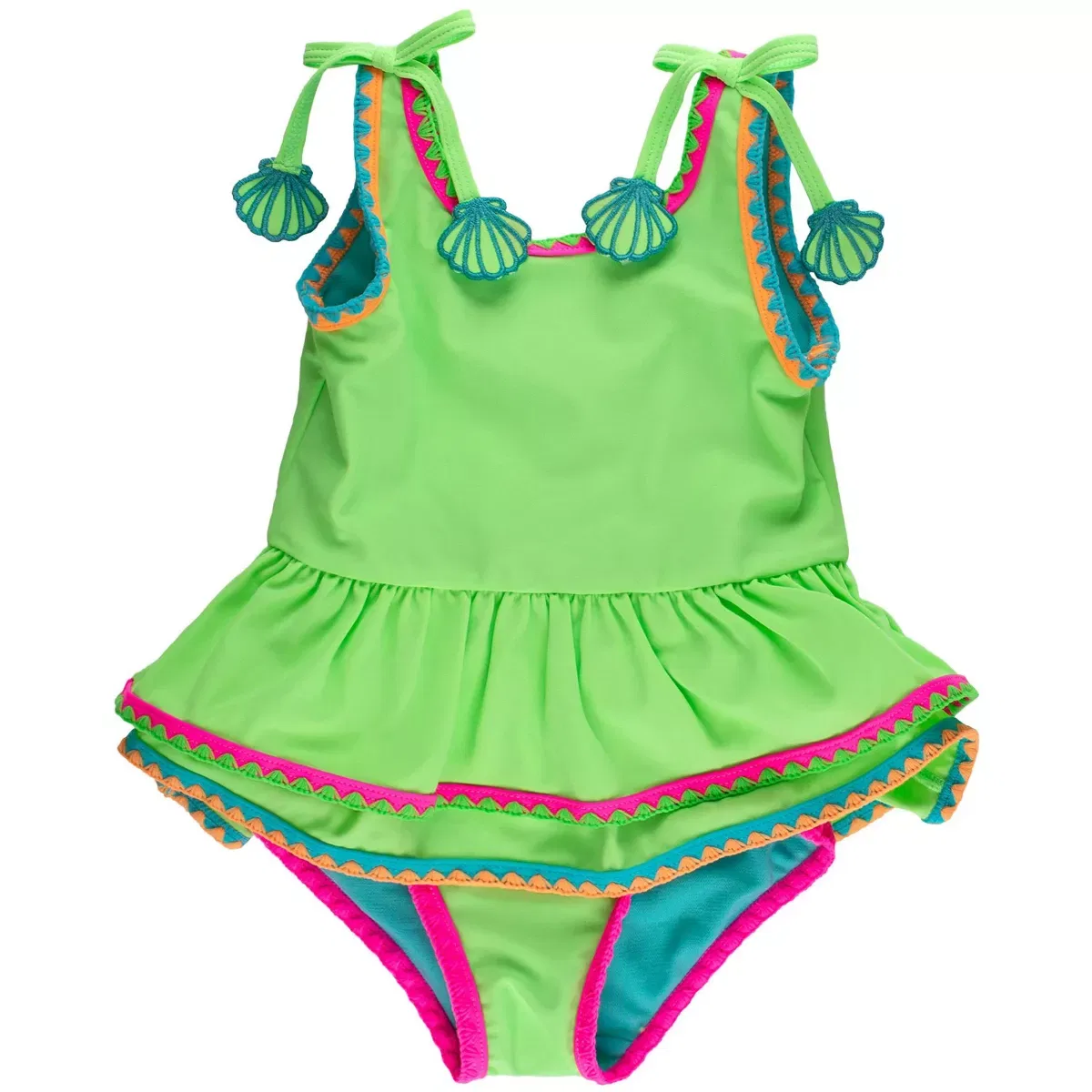 Детский купальник для девочек с кружевными деталями RuffleButts, Neon Honeydew