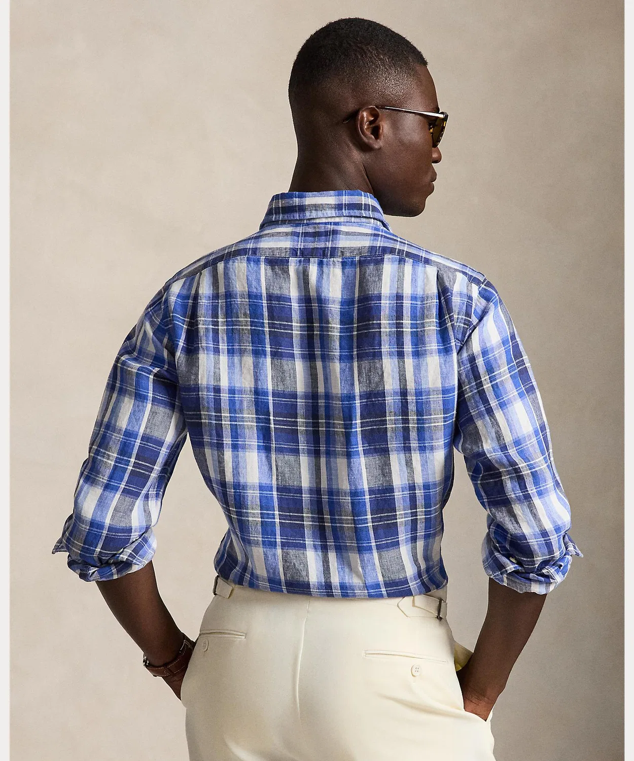 Мужская классическая рубашка с длинным рукавом клетчатая, из льна POLO RALPH LAUREN, Синий — фото 4