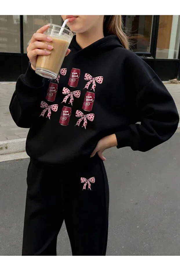 Детский комплект спортивного костюма для девочек с принтом Cool Girl Hooded Combination Svart Wear, Black — фото 2