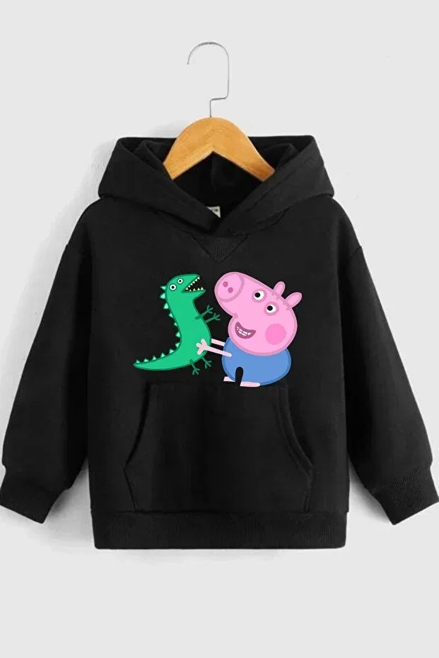 Детское худи для девочек с принтом Peppa Pig Oversize Winter Hooded Sweatshirt Hoodie Novibe, Black