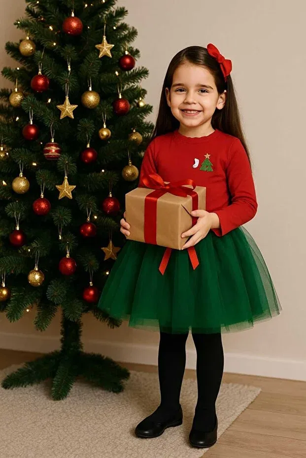 Детское платье для девочек с принтом New Year's Eve Glam Queshma, Red-Green