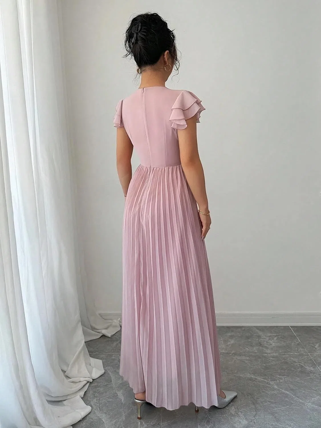 Женское элегантное плиссированное платье A-силуэта с воланами, Pink — фото 3
