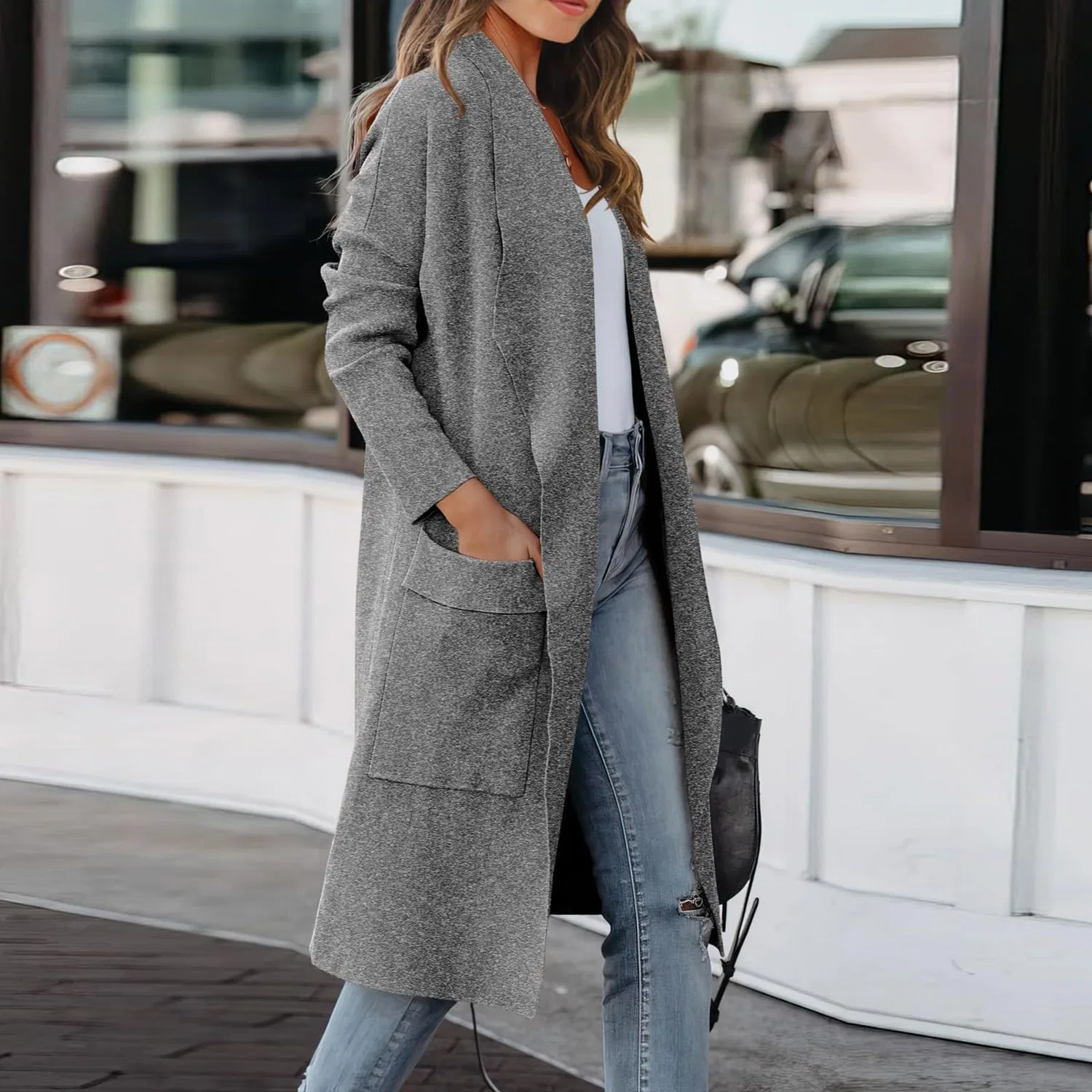 Женское пальто-кардиган с шалью и длинным рукавом, модель Women Wool Blend Jacket, dark grey — фото 2