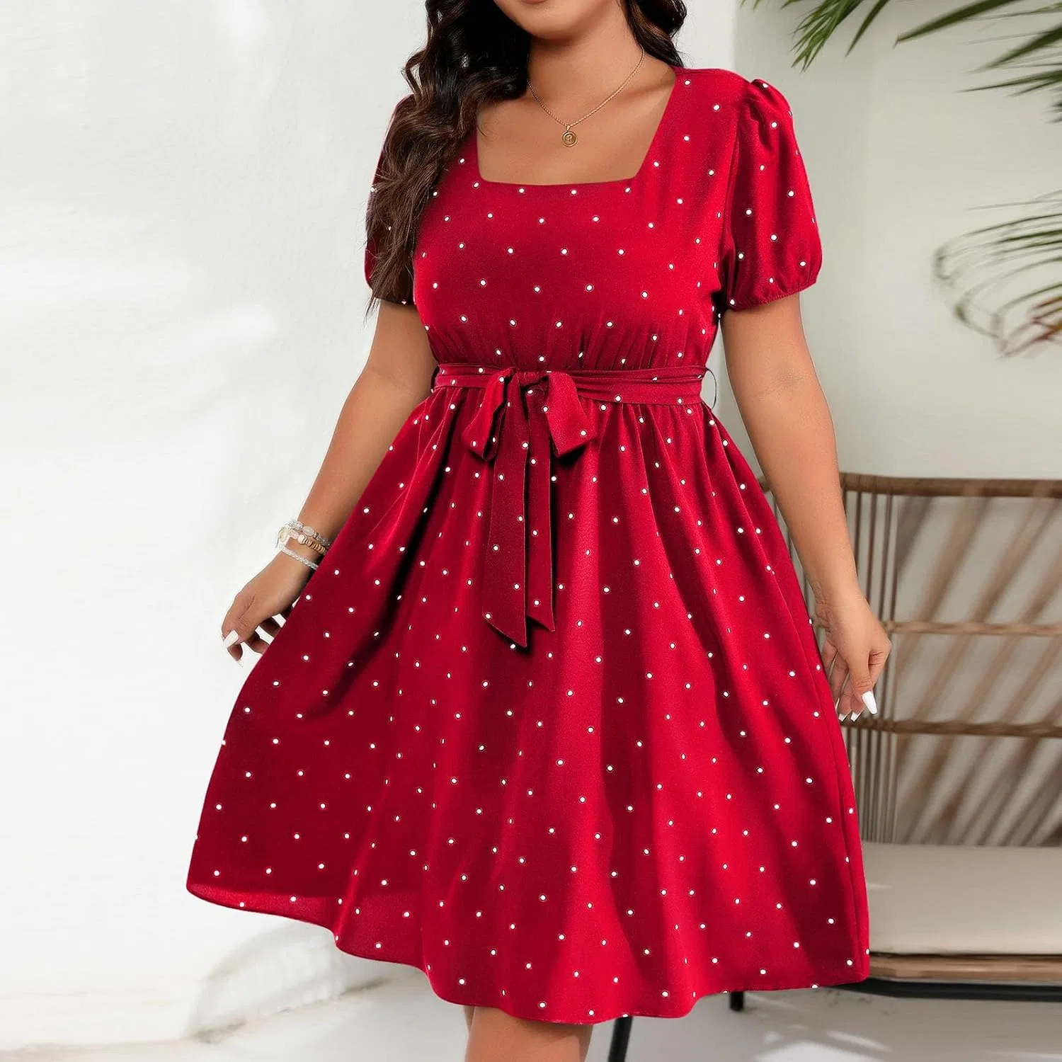 Женское платье с квадратным вырезом и горошек Vintage, Red — фото 2