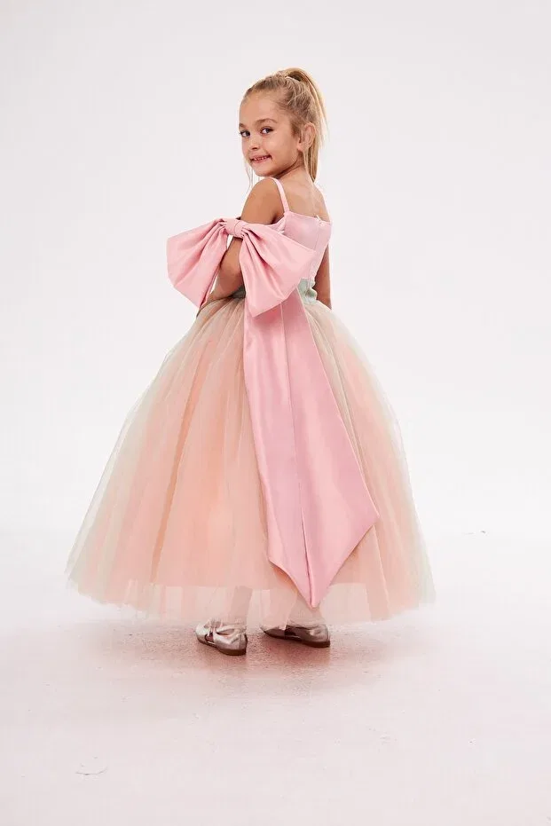 Детское вечернее платье для девочек без рукавов Green Pink Sleeve Bow Zühre Balaban, Green Pink — фото 2