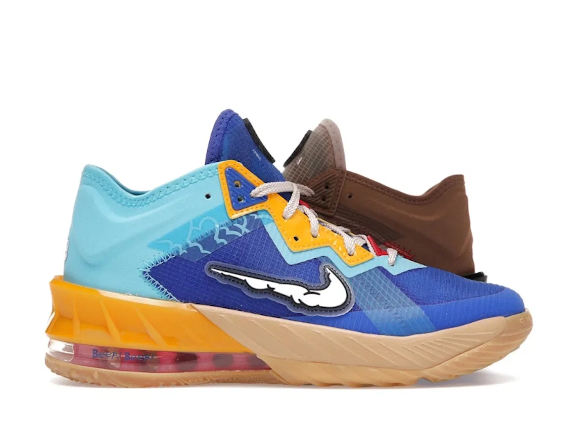 Детские кроссовки для мальчиков с принтом Nike LeBron 18 Low, Racer Blue/Baltic Blue-University Gold-White