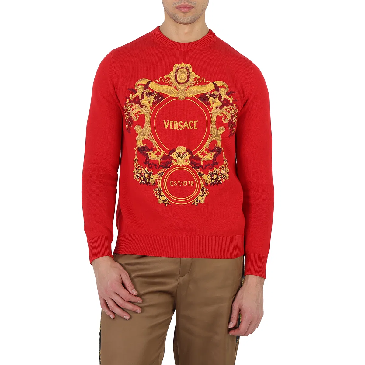 Свитер с интарсией и жаккардовым логотипом Red Intarsia Knit Jacqurd Sweater Versace, Red