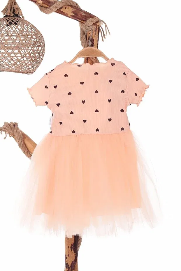Детское платье для девочек с коротким рукавом Girl'S heart tulle half sleeve dress Bam Bam Giyim, Heart-Salmon — фото 2