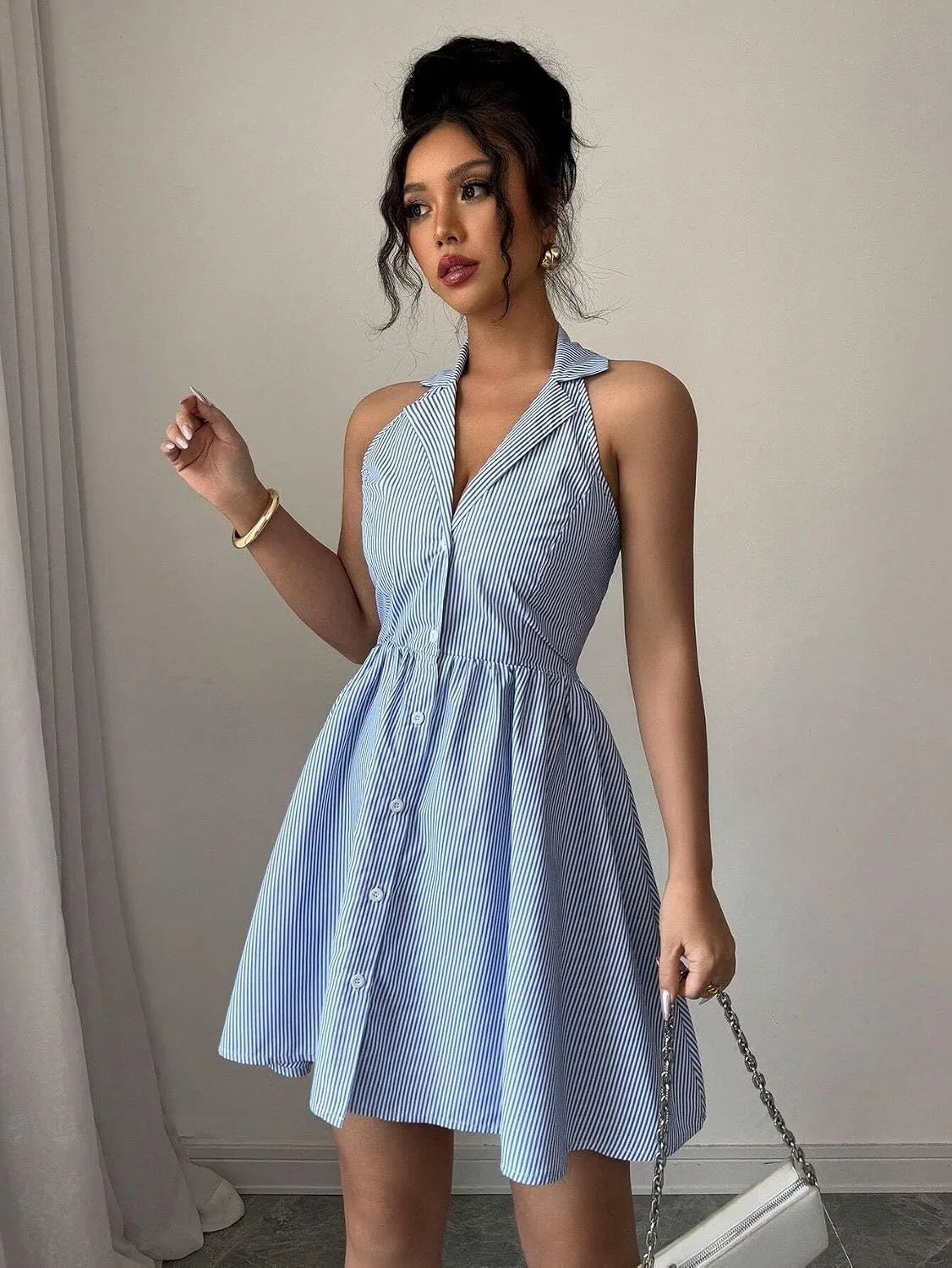 Женское повседневное мини-платье A-силуэта с запахом, Blue/White — фото 4