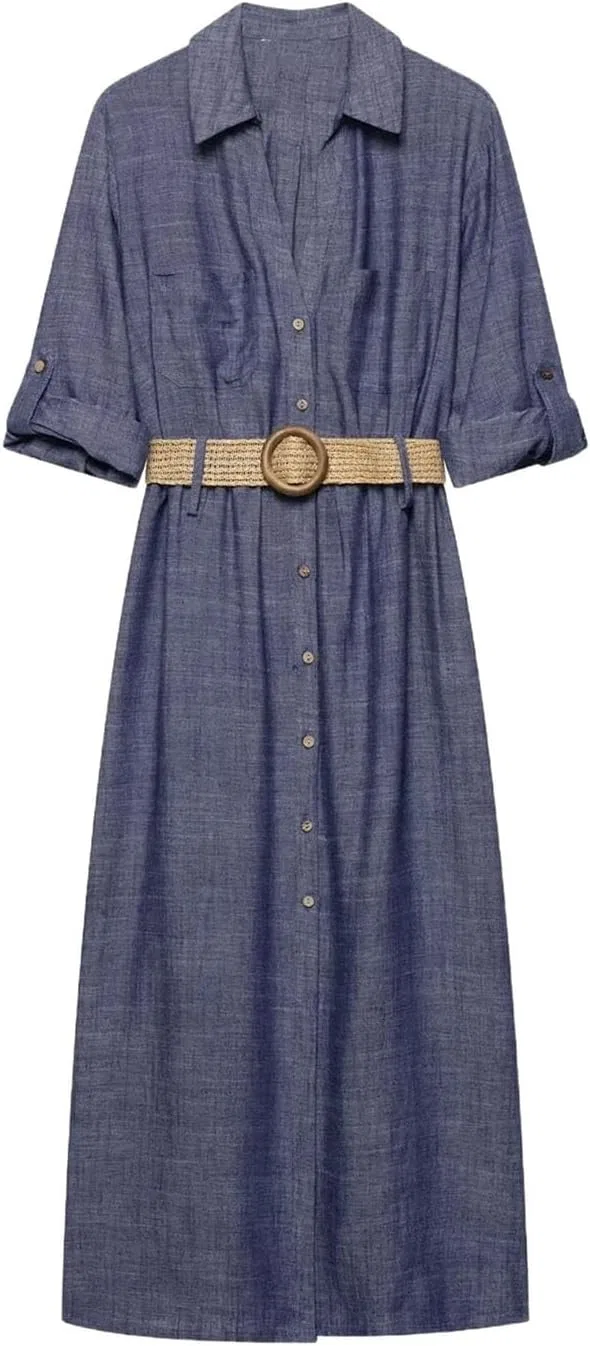 Женское платье миди с поясом Casual, Blue