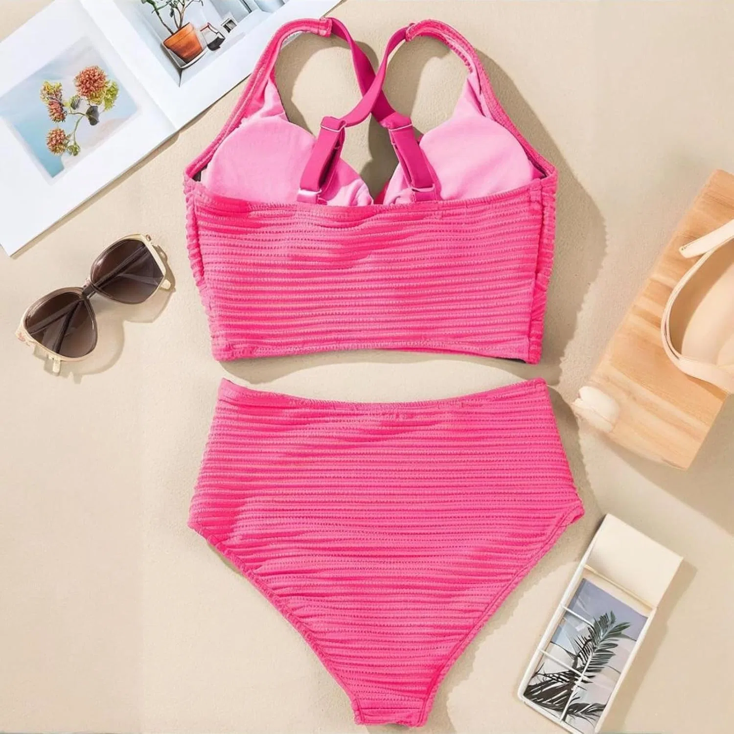 Женский купальный костюм с высокой талией и вырезами Summer Bikini Sets, Pink — фото 3
