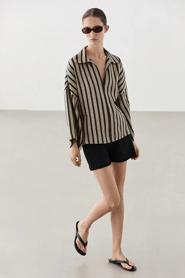 Женская рубашка оверсайз с принтом Massimo Dutti, Sand — фото 4