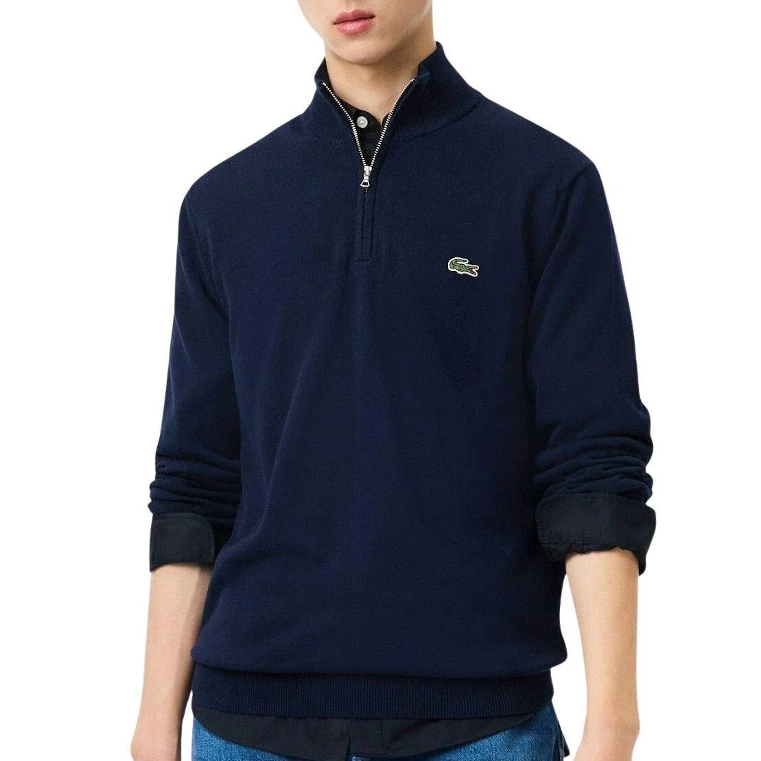 Мужской хлопковый пуловер Lacoste, 1/4 Zipper, Blue
