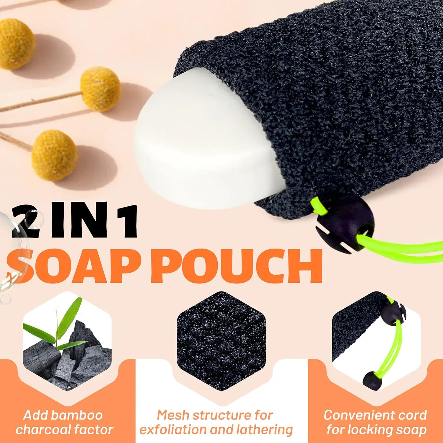 Эксфолиирующая мочалка для душа MIG4U, 2 шт, Bamboo Body Scrubber, Black — фото 2