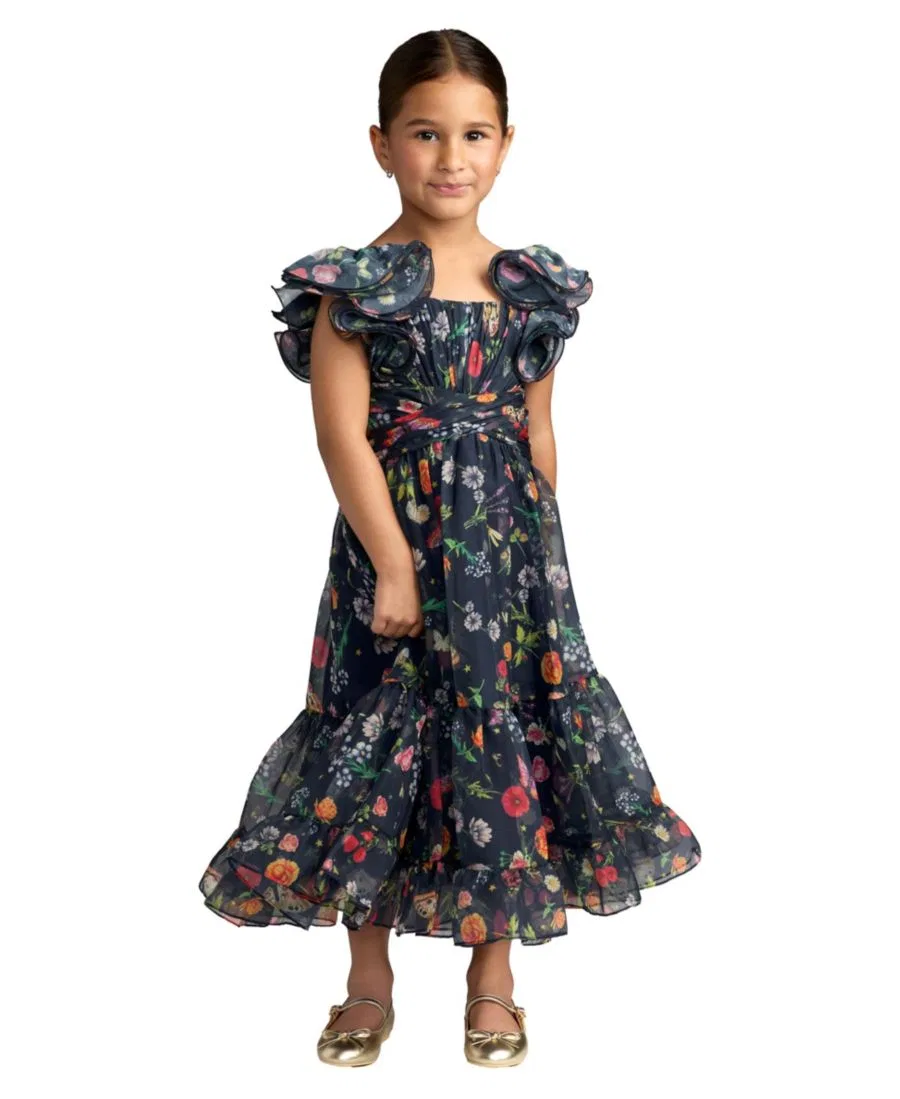 Платье из шифона с воланами, модель Floral Chiffon Ruffle Sleeve Mac Duggal, Midnight Multi