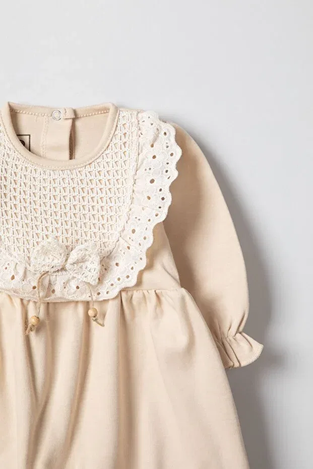 Детский комбинезон для девочек кружевной Lace Long Sleeve Jumpsuit Rise Raba, Beige — фото 4