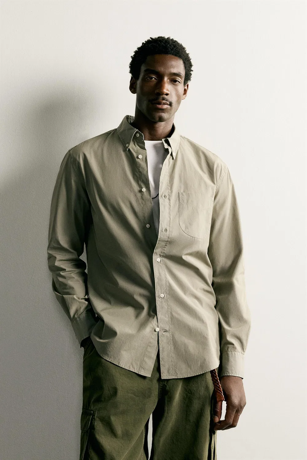 Хлопковая рубашка стандартного кроя ZARA, Khaki — фото 2