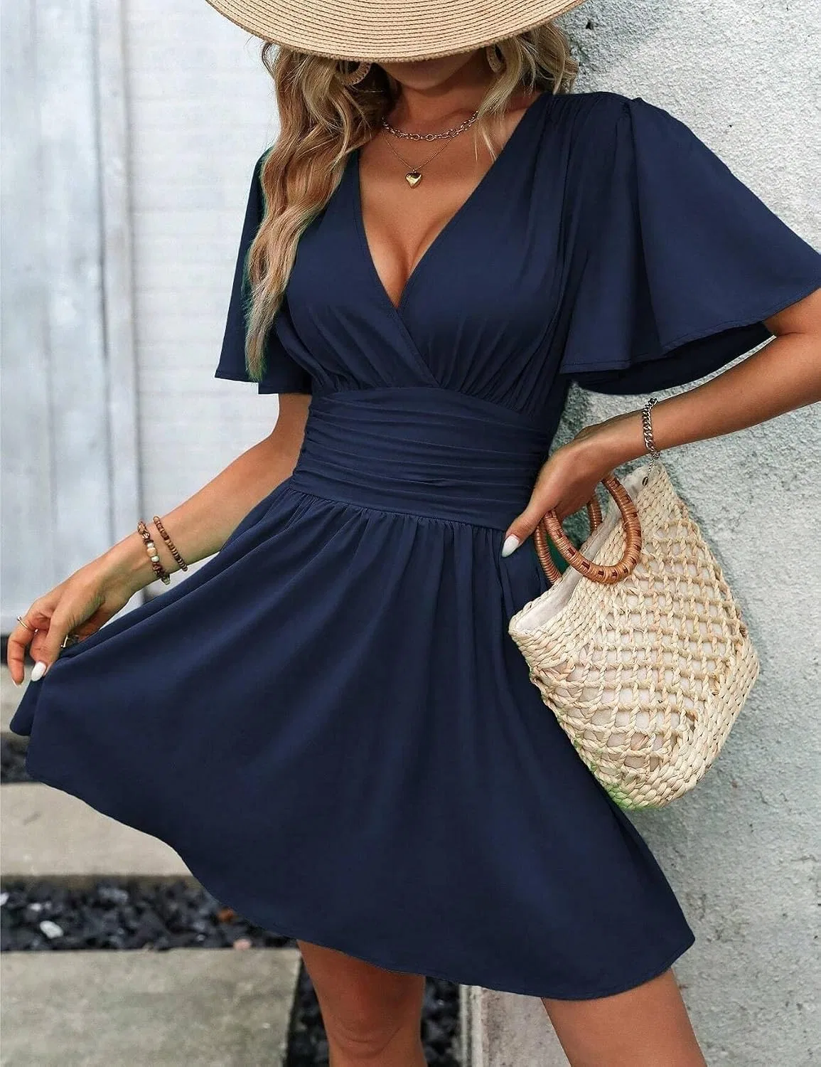 Женское повседневное платье A-силуэта с V-образным вырезом, Navy Blue — фото 4