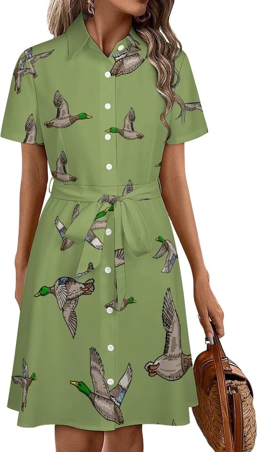 Женское мини-платье рубашечного кроя с поясом Mallard Duck, Style
