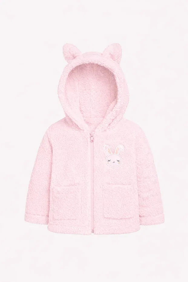 Детский кардиган для девочек на молнии с принтом Rabbit embroidered zippered pocket baby girl plush welsoft winter cardigan Bubito, Pink — фото 2