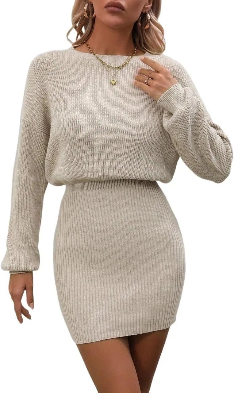 Женское мини-платье с длинным рукавом и ребристой вязкой Drop Shoulder, Apricot