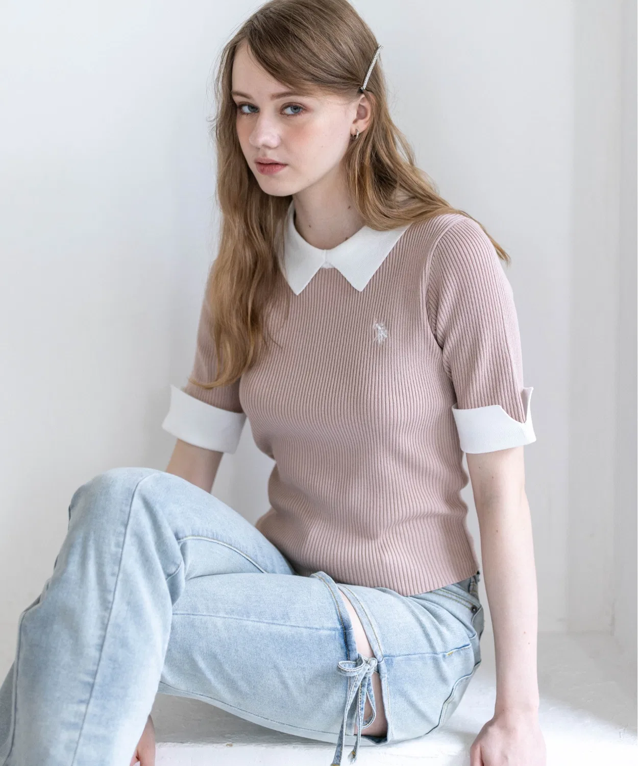 Женский укороченный топ с длинным рукавоми принтом U.S. POLO ASSN., Pink Beige