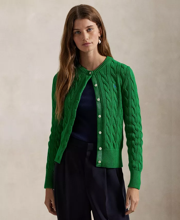 

Женский кардиган с круглым вырезом и узором "косичка" из хлопка Polo Ralph Lauren, зеленый