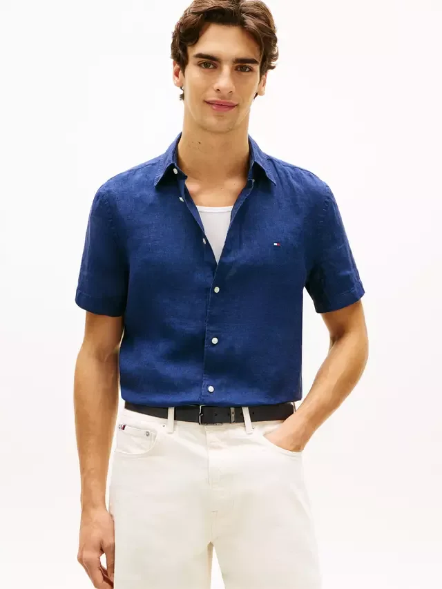 Льняная рубашка прямого кроя с логотипом Tommy Hilfiger, Dark Blue