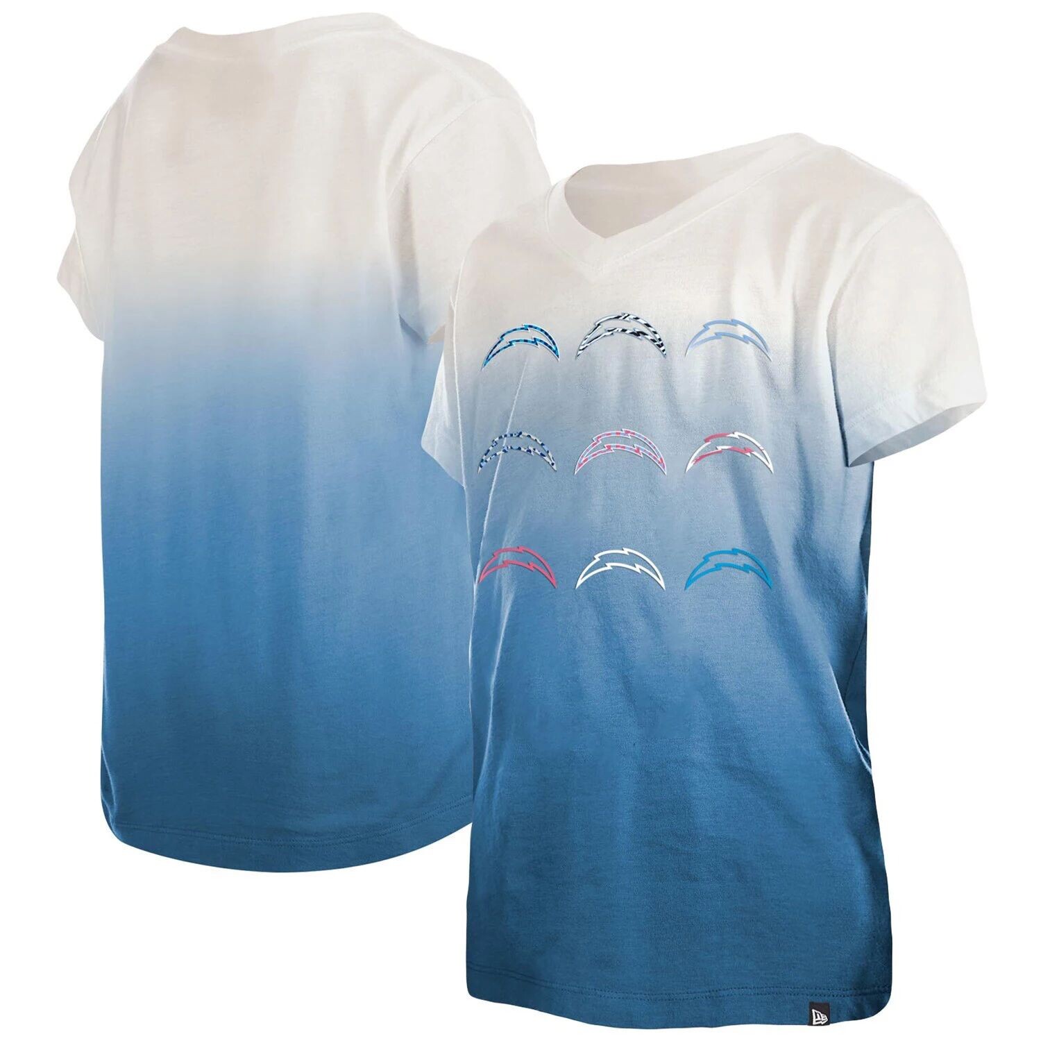 

Молодежная футболка New Era Powder Blue Los Angeles Chargers с разноцветным логотипом и омбре с v-образным вырезом New Era