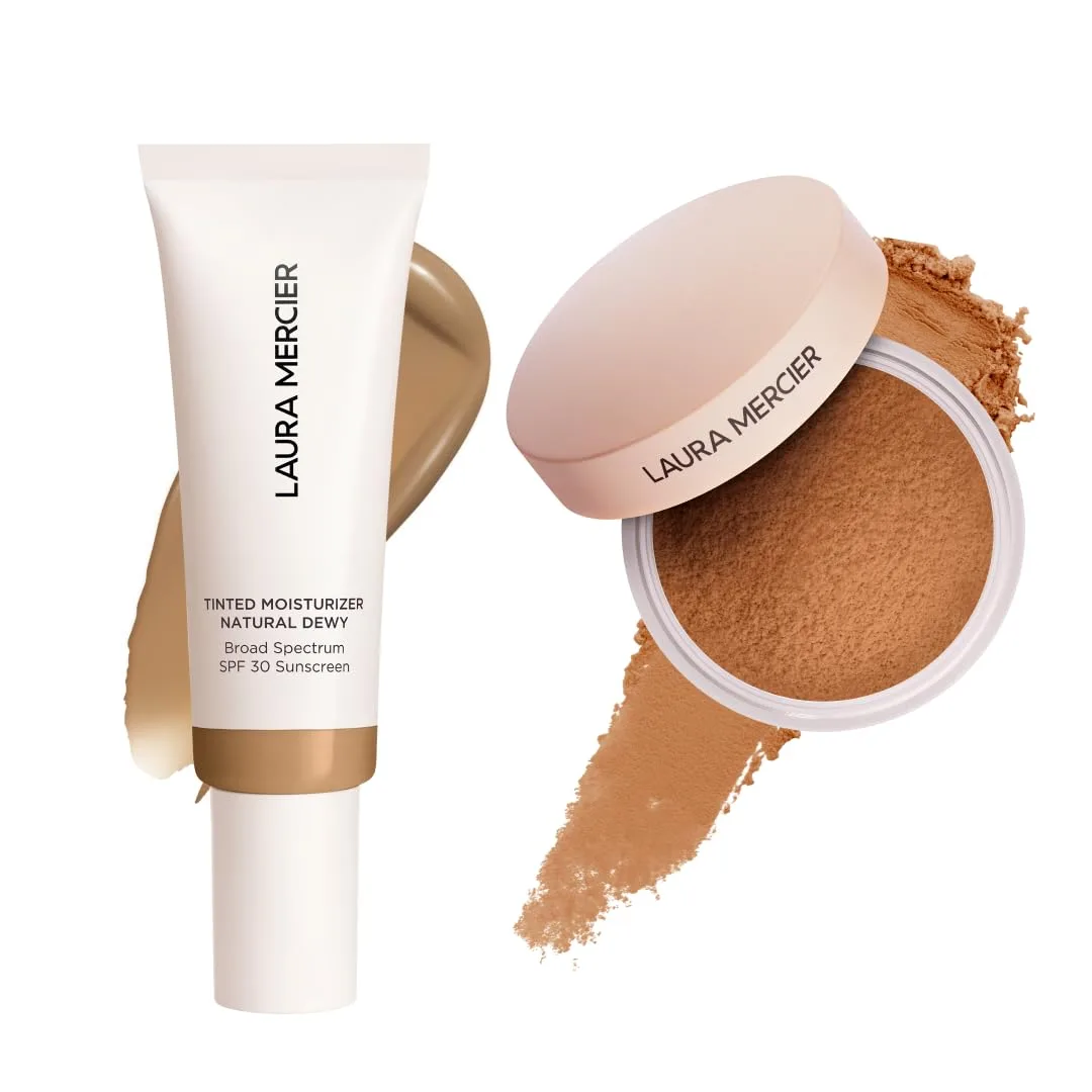Laura Mercier тонирующий увлажняющий крем Natural Dewy с SPF 30, 24-часовая гидратация, оттенок 5C Cedar и рассыпчатая пудра Ultra-Blur с гиалуроновой кислотой, оттенок Medium Deep