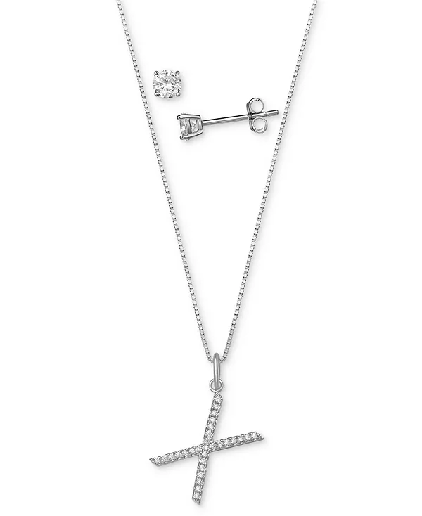 

Комплект из двух кулонов с инициалами из кубического циркония и серег-гвоздиков с солитером из стерлингового серебра, созданный для Macy's. Giani Bernini, x