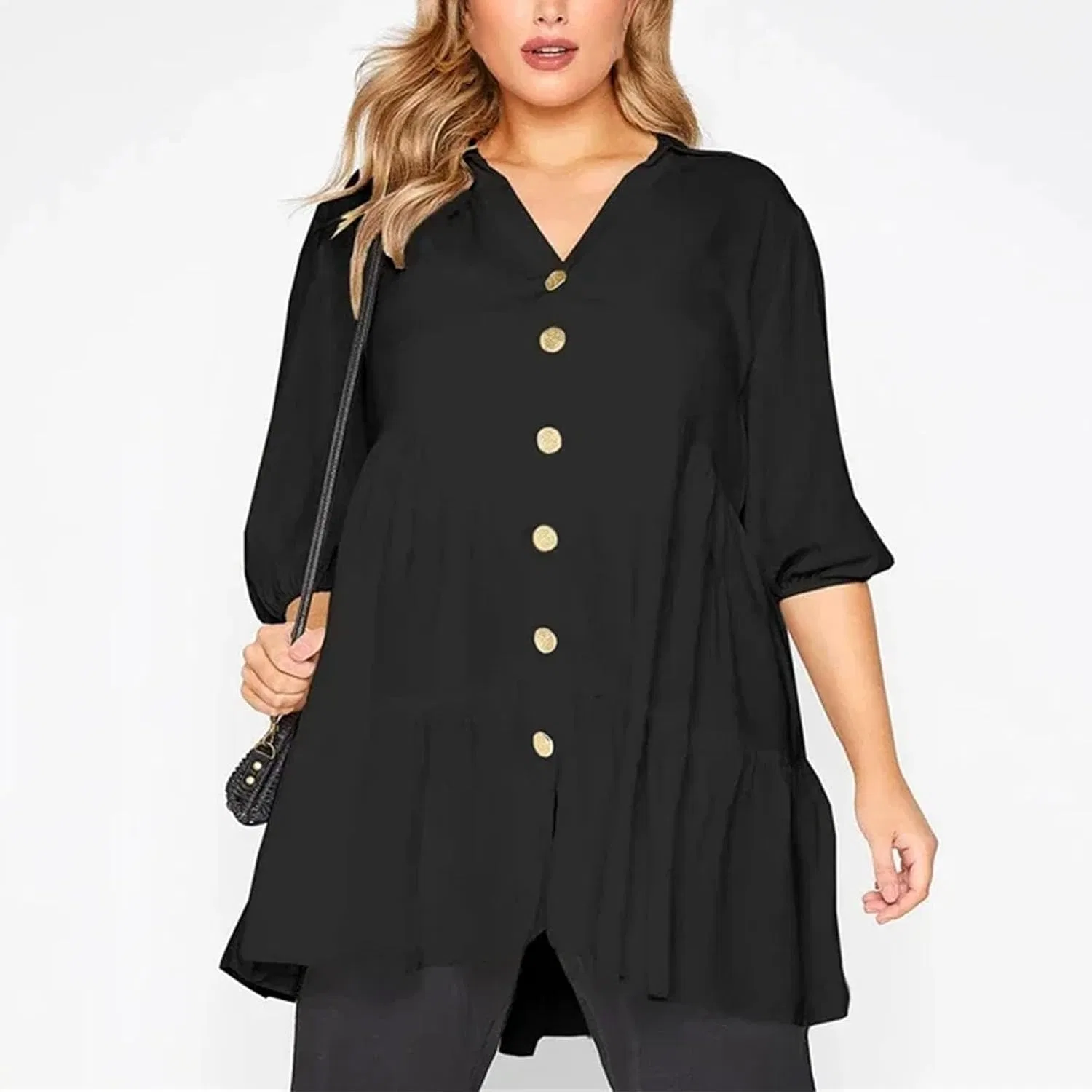 Женская блузка свободного кроя с принтом, модель Button Down Elegant Spring Tunic, чёрный — фото 2