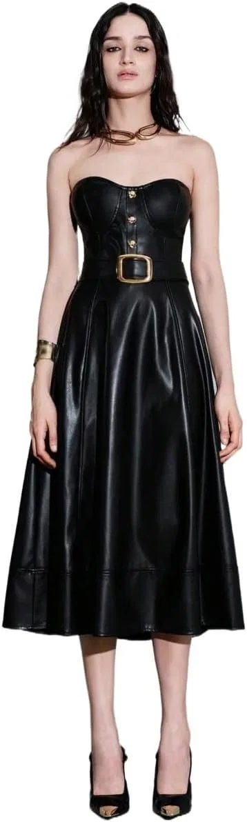 Женское повседневное платье миди A-силуэта с поясом PU Leather, Black